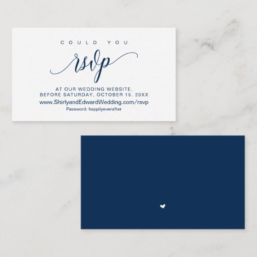 Bieden online RSVP, modern Navy Blue Script Informatiekaartje (Voorkant / Achterkant)