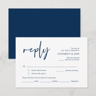 Bieden RSVP, met maaltijdopties, Navy Blue font Informatiekaartje