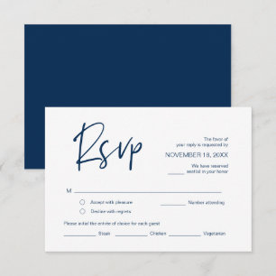 Bieden RSVP, met maaltijdopties, Navy Blue font Informatiekaartje
