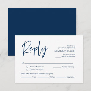 Bieden RSVP, met maaltijdopties, Navy Blue script Informatiekaartje