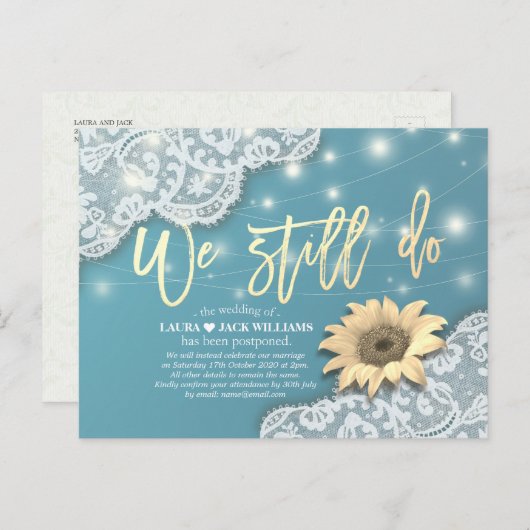 Bieden uitstel van de bruiloft. We doen nog steeds Aankondigingskaart (Voorkant / Achterkant)