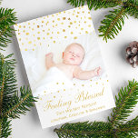 Bienheureux Confetti en or Faire-part de naissance<br><div class="desc">Annoncez votre nouveau bébé avec ce confetti d'or moderne "Bienheureux" carte photo de Noël. Des points de confettis à l'or parsement la photo de votre nouveau-né. Ajoutez votre propre salutation ci-dessous "Feeling Blessed", "A Miracle", etc. et ajoutez vos noms. Ajoutez les détails de naissance sur le dos. Vous pouvez également...</div>