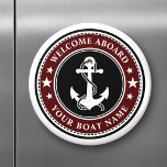 Bienvenue À Bord De Votre Bateau Nom Ancre Étoiles<br><div class="desc">Un élégant aimant rond noir, blanc et rouge profond avec une ancre de bateau nautique personnalisée avec des étoiles et votre texte personnalisé "Welcome Aboard" et votre nom de bateau ou tout autre texte souhaité. Customisez-les avec votre couleur arrière - plan préférée et bien plus encore. Fait un grand cadeau...</div>