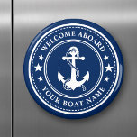 Bienvenue à bord Nom du bateau Ancres Étoiles Mari<br><div class="desc">Un aimant bleu marine et blanc élégant avec une ancre de bateau nautique personnalisée avec étoiles et votre texte personnalisé "Welcome Aboard" et votre nom de bateau ou tout autre texte souhaité. Customisez-les avec votre couleur arrière - plan préférée et bien plus encore. Fait un grand cadeau pour toute occasion....</div>