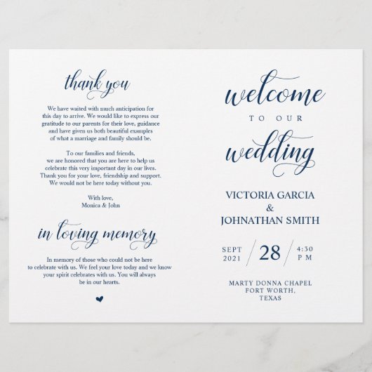 Bienvenue à notre Cérémonie Mariage, Programme pli (Devant)