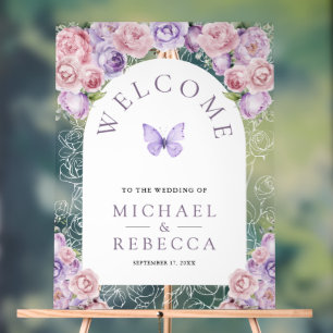 Bienvenue au mariage papillon floral rose violet