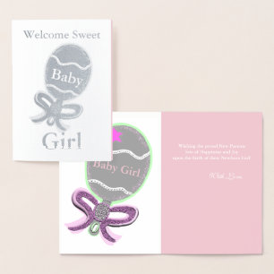 Bienvenue Baby Girl Silver Foil Carte de voeux
