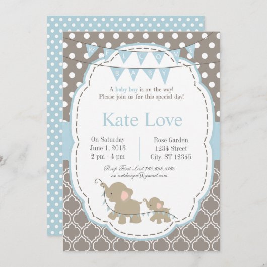 Bienvenue bébé garçon éléphant 5" x 7" Invitations (Devant / Derrière)