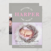 Bienvenue dans le Faire-part de naissance gris ros (Devant / Derrière)