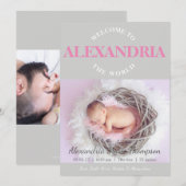 Bienvenue dans le Faire-part de naissance gris ros (Devant / Derrière)