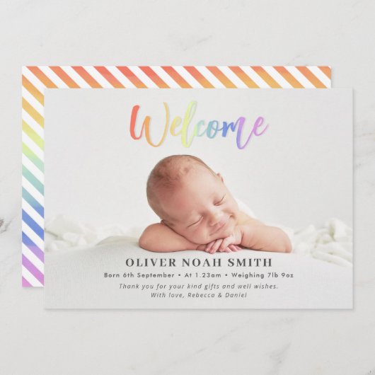 Bienvenue Faire-part de naissance bébé arc-en-ciel (Devant / Derrière)