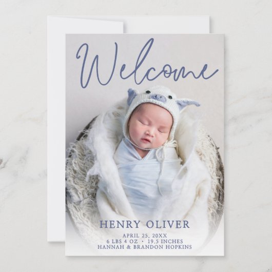 Bienvenue Faire-part de naissance photo bleue (Devant)