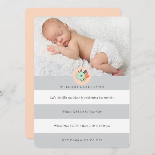 Bienvenue Invitation bébé en gris, corail et menth (Devant / Derrière)