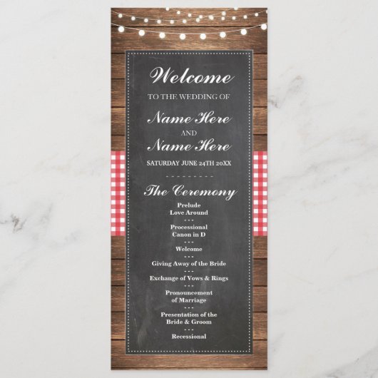 Bienvenue Red Check Rustic Chalk Wedding Programme (Devant)