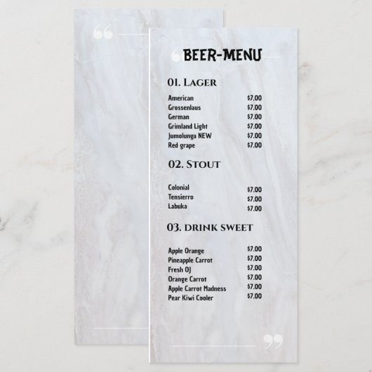Bier Drinken Plat Menu (Voorkant / Achterkant)