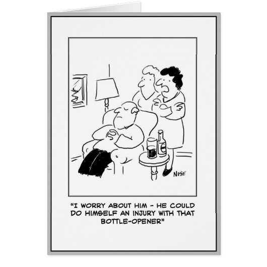 Bier en Cartoon voor openen van de fles Letsel. (Voorkant)