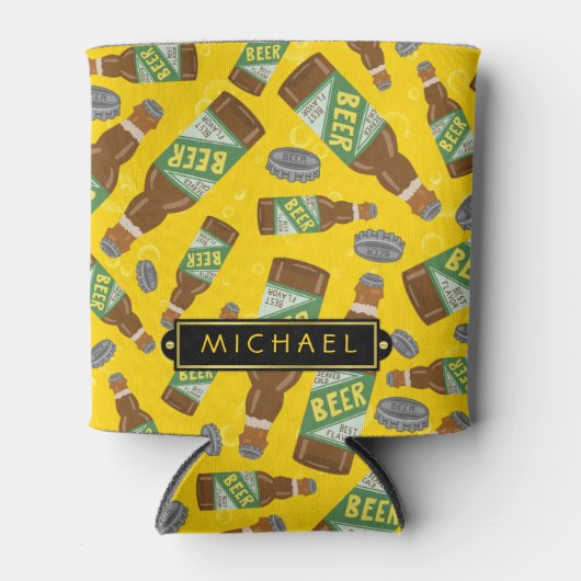 Bier flespatroon met bubbels Retro met naam Blikjeskoeler (Voorkant)