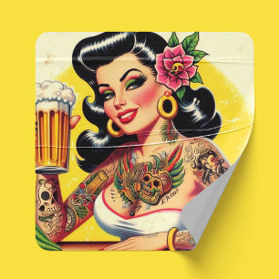 Bier Pin-up Vierkante Sticker
