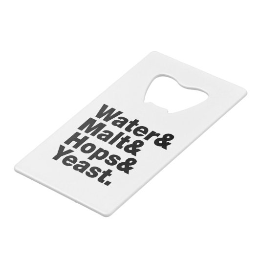 Bier = Water, mout, hop en gist. Kredietkaart Flessenopener (Voorkant Gekanteld)