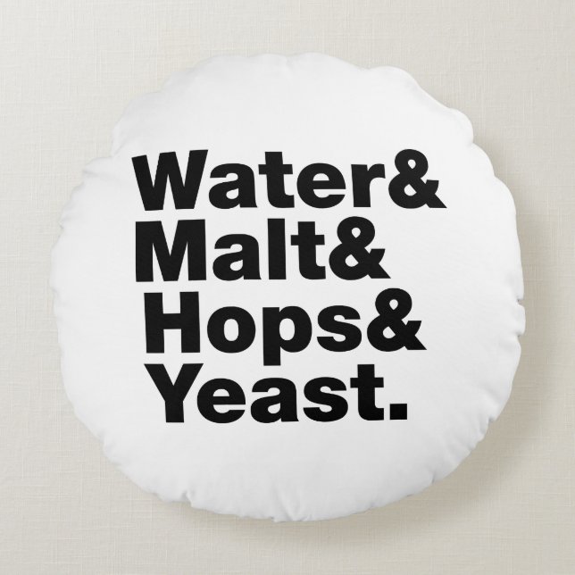 Bier = Water, mout, hop en gist. Rond Kussen (Voorkant)