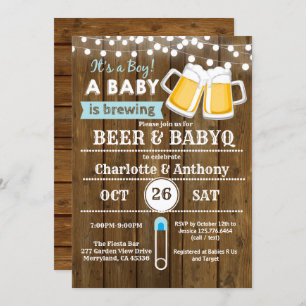 Bière et BabyQ couples baby shower invitation bois