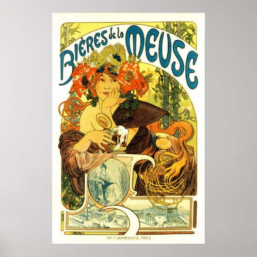 BIERES DE LA MEUSE Beer Alphonse Mucha Art Poster (Voorkant)