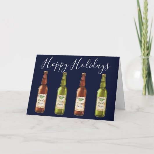 Bierflesjes met 'Hoppy Holidays' op vakantiefoto k Feestdagen Kaart (Voorkant)