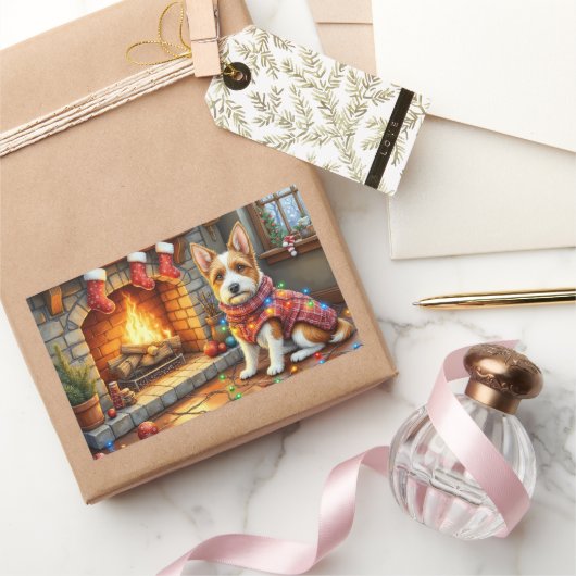 Biewer Terrier Fireplace with Christmas Lights Rechthoekige Sticker (Geschenken)