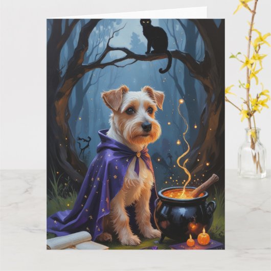 Biewer Terrier Hond grillig Halloween schilderij Kaart (Gele Bloem)