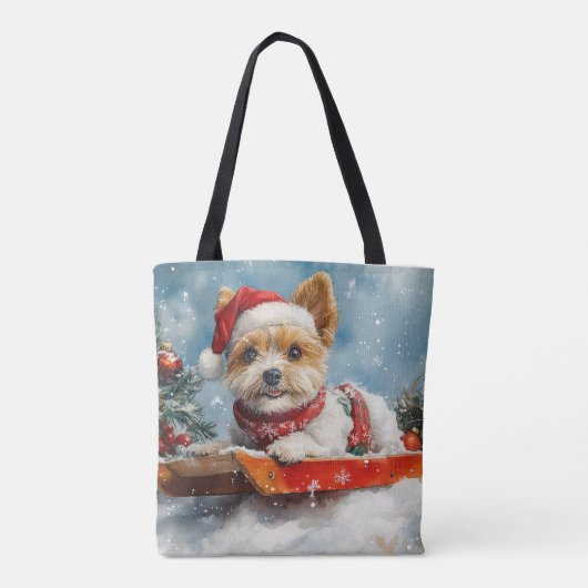 Biewer Terrier Hond in Sledge Laat het Sneeuw Kers Draagtas (Achterkant)