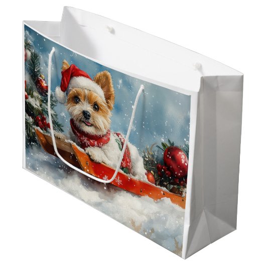 Biewer Terrier Hond in Sledge Laat het Sneeuw Kers Groot Cadeauzakje (Voorkant Gekanteld)