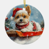 Biewer Terrier Hond in Sledge Laat het Sneeuw Kers Keramisch Ornament (Voorkant)