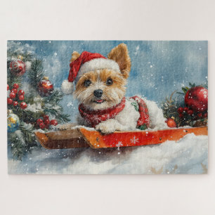 Biewer Terrier Hond in Sledge Laat het Sneeuw Kers Legpuzzel