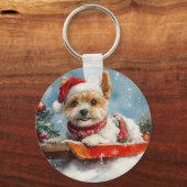 Biewer Terrier Hond in Sledge Laat het Sneeuw Kers Sleutelhanger (Achterkant)