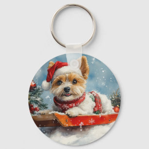 Biewer Terrier-hond in slee Laat het sneeuwen Kers Sleutelhanger