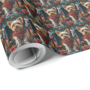 Biewer Terrier-hond met kerstcadeaus open haard Cadeaupapier