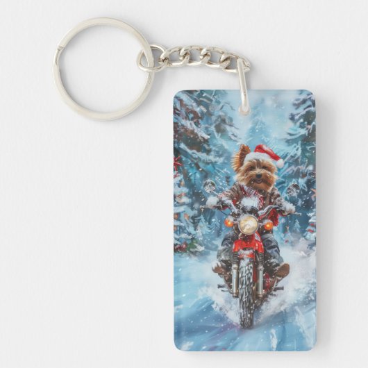 Biewer Terrier Hond Rijden Motorfiets Kerstmis Sleutelhanger (Voorkant)