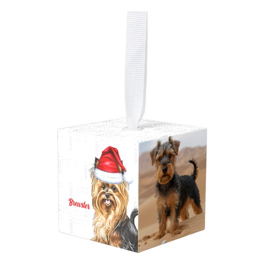Biewer Terrier Hond Twee Foto Kerstvakantie Kubus Ornament (Voorkant hoekig)