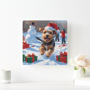 Biewer Terrier Kerst Feestelijke Sneeuw Scene Vierkante Klok
