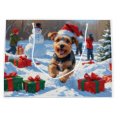 Biewer Terrier Kerst Feestelijke Sneeuwscène Groot Cadeauzakje (Voorkant)