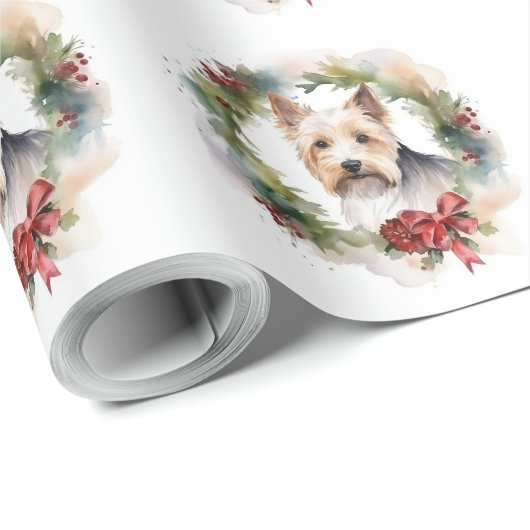 Biewer Terrier Kerstkrans Feestelijke Pup Cadeaupapier (Rol Hoek)