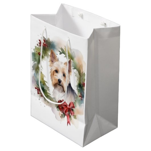 Biewer Terrier Kerstkrans Feestelijke Pup Medium Cadeauzakje (Voorkant Gekanteld)