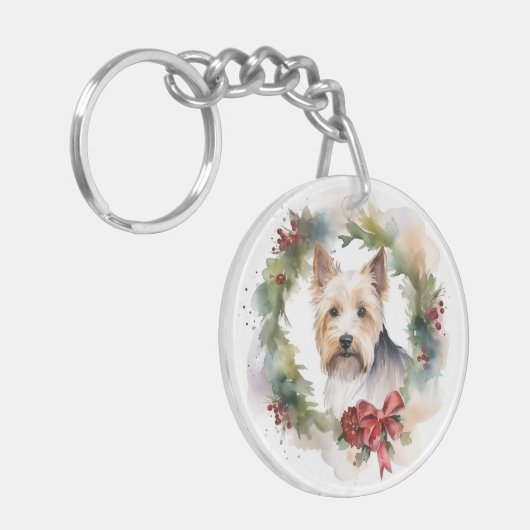 Biewer Terrier Kerstkrans Feestelijke Pup Sleutelhanger (Voorkant Links)