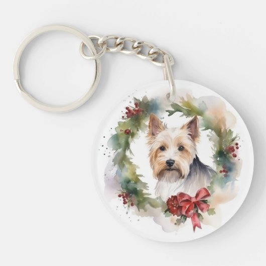 Biewer Terrier Kerstkrans Feestelijke Pup Sleutelhanger (Voorkant)