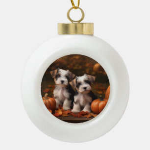 Biewer Terrier Puppy Herfst Delight Pompoen Keramische Bal Ornament
