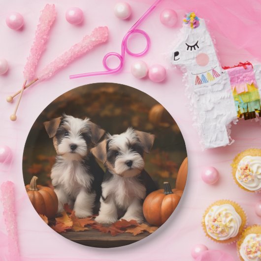 Biewer Terrier Puppy Herfst Delight Pompoen Papieren Bordje (Feest)