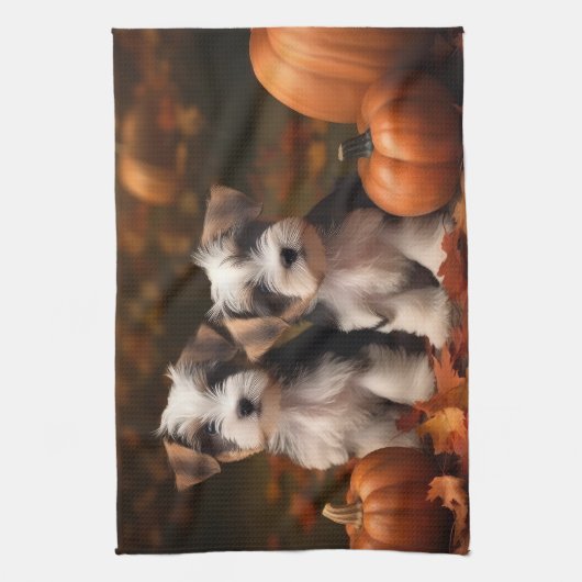 Biewer Terrier Puppy Herfst Delight Pompoen Theedoek (Verticaal)