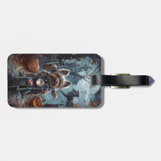 Biewer Terrier Rijden Motorfiets Halloween Eng Bagagelabel (Achterkant horizontaal)