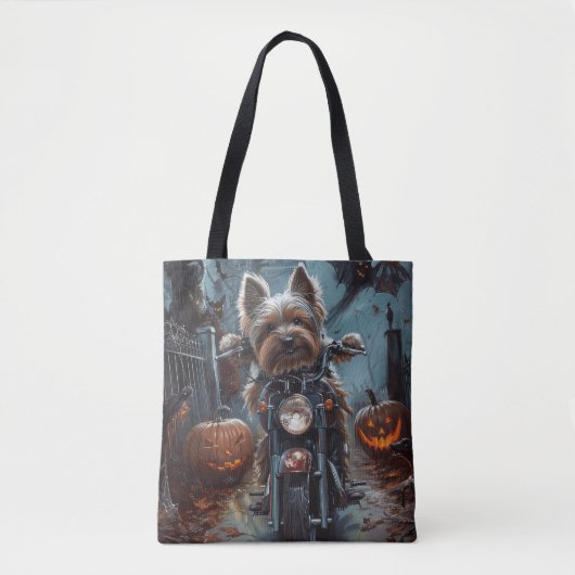 Biewer Terrier Rijden Motorfiets Halloween Eng Draagtas (Voorkant)