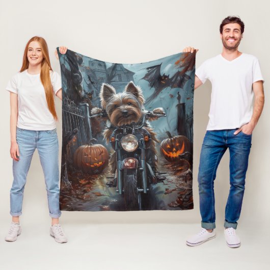 Biewer Terrier Rijden Motorfiets Halloween Eng Fleece Deken (In situ)